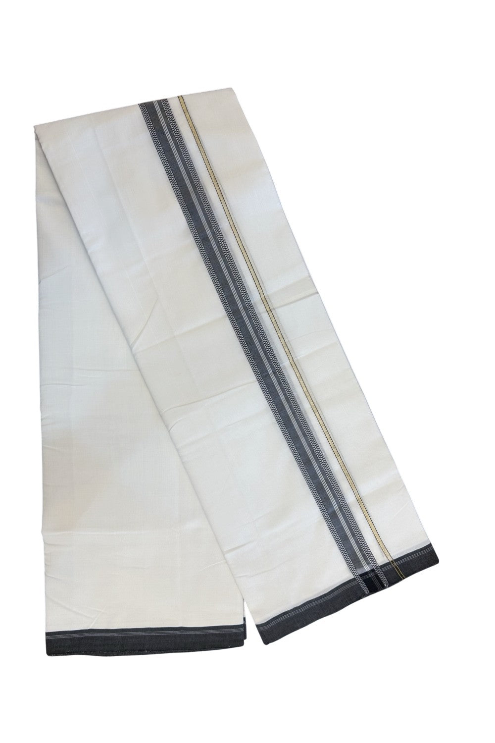 25% Discount! NEW ULTRA PURE WHITE HANDLOOM Balaramapuram - 100% Mercerised Cotton Double Mundu/Dhoti - 120(Twisted) x 80 - 1.25 inch Pure JERRY Black shaded muthukuri & White stripes Kara 3.80 meter (8.5 Muzham) - 41KK5167REA