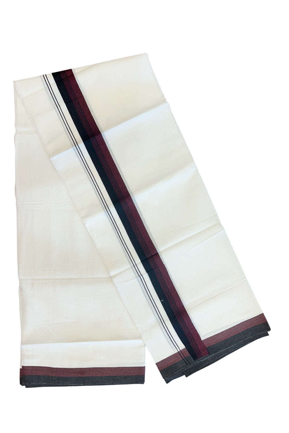 20% Discount ! Kaitharikada Balaramapuram 100% Cotton PURE WHITE Double Mundu/Dothi - 100x80 - 1.5 inch Black & Dark Maroon Shaded Striped Kara - 39KK5182VAS
