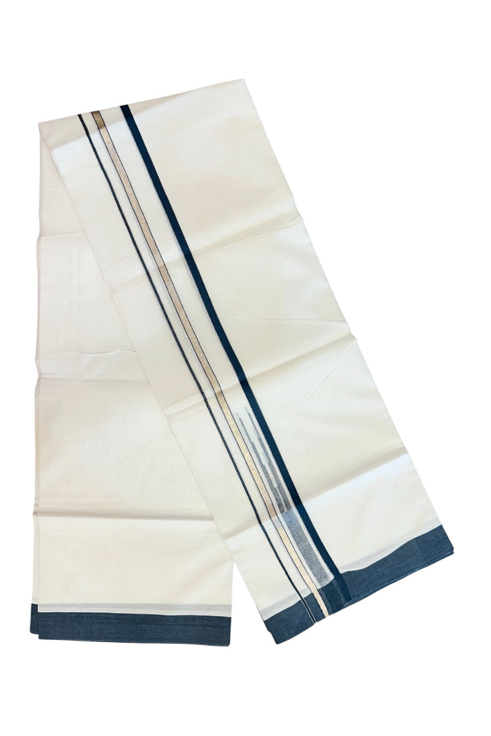 20% Discount ! Kaitharikada Balaramapuram 100% Cotton PURE WHITE Double Mundu/Dothi - 100x80 - 1.5 inch Silver Kasavu & Peacock Blue Striped chutty kara - 39KK5183VIN