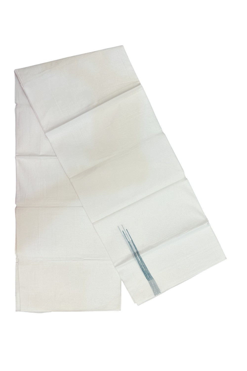 20% DISCOUNT!!  KaithariKada Balaramapuram 100% Cotton PURE WHITE Double Mundu/Dhoti-100x80 - 0.5 inch Peacock Green Shaded Puliyilakkara Chutty - 39KK5191CKS