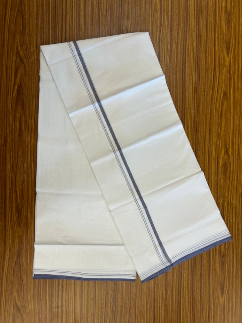 20% DISCOUNT!! NEW!! KaithariKada Balaramapuram 100% Cotton PURE WHITE Double Mundu/Dhoti - (100x80)s - 0.5 inch Dark Navy Blue Kara - 47 KK5249 VIN