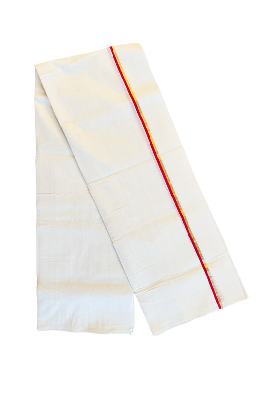 25% DISCOUNT!! KaithariKada HANDLOOM Unakkupaavu Balaramapuram - 100% PURE Cotton OFF White (Unbleached) Double Mundu/Dothi - RED KASAVU 2 .cm Kara- KK46SOM-39.