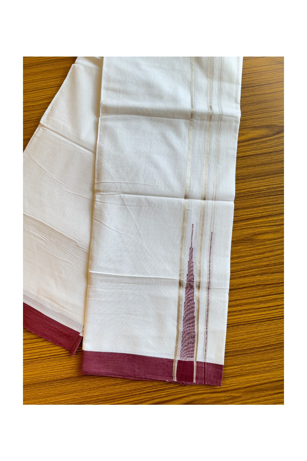 21% DISCOUNT!! Kaitharikada Balaramapuram 100% Cotton PURE WHITE Double Mundu/Dothi-100x100 Puliyilakkara CHUTTY 1.75 Inch Maroon & SILVER STRIPED Cotton Kara - 39KK424CEE