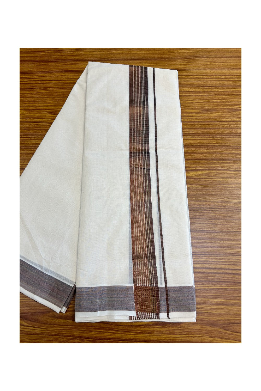 25% DISCOUNT!! KaithariKada HANDLOOM Millpaav Balaramapuram - 100% PURE Cotton OFF White Double - (Unbleached) Mundu/Dothi - 2.75 inch BROWN GOLD kasavu Stripes Kara - 39KK5029RAM