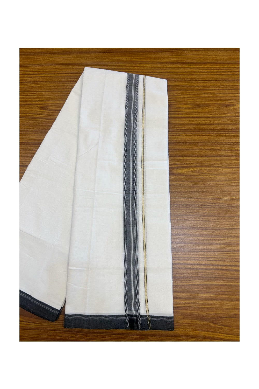 25% Discount! NEW ULTRA PURE WHITE HANDLOOM Balaramapuram - 100% Mercerised Cotton Double Mundu/Dhoti - 120(Twisted) x 80 - 1.25 inch Pure JERRY Black shaded muthukuri & White stripes Kara 3.80 meter (8.5 Muzham) - 41KK5167REA