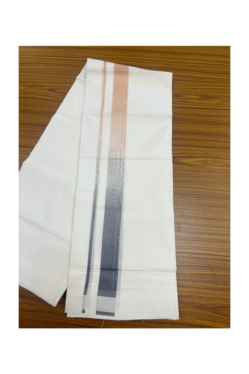 20% Discount!!! KaithariKada Balaramapuram DOUBLE PURE WHITE Mundu/Dhoti - 100X80 - 1.5 inch Navy Blue & Sand Brown Striped Designer Kara - 39KK5174THI