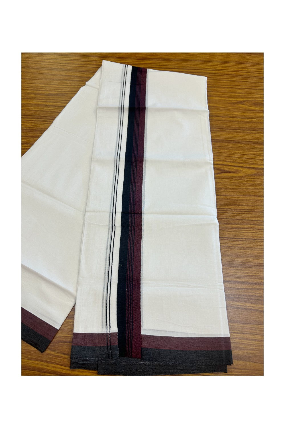 20% Discount ! Kaitharikada Balaramapuram 100% Cotton PURE WHITE Double Mundu/Dothi - 100x80 - 1.5 inch Black & Dark Maroon Shaded Striped Kara - 39KK5182VAS