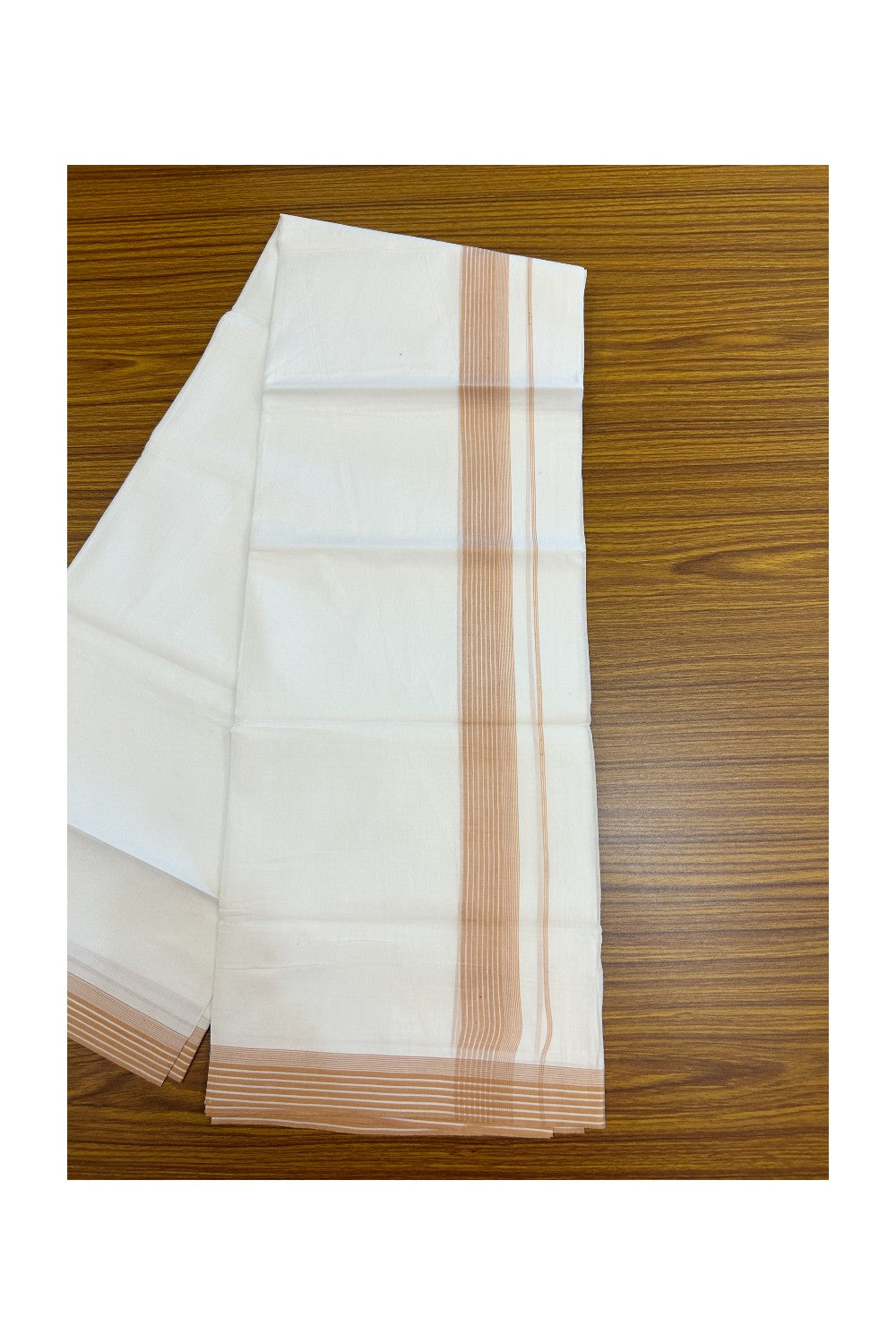 20% Discount ! Kaitharikada Balaramapuram 100% Cotton PURE WHITE Double Mundu/Dothi - 100x80 - 1.5 inch Peach Brown Striped Kara 3.75 mtr (8 muzham) - 39KK5220 THI