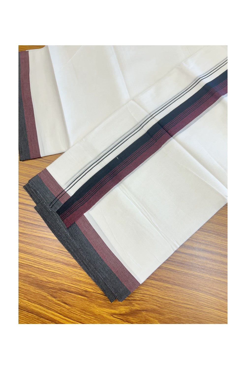 20% Discount ! Kaitharikada Balaramapuram 100% Cotton PURE WHITE Double Mundu/Dothi - 100x80 - 1.5 inch Black & Dark Maroon Shaded Striped Kara - 39KK5182VAS