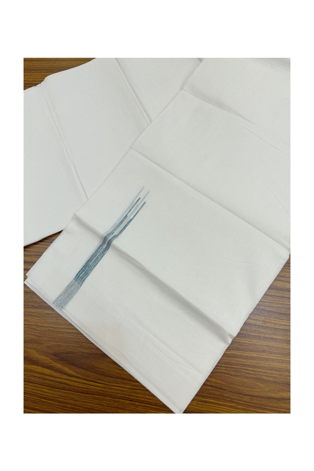 20% DISCOUNT!!  KaithariKada Balaramapuram 100% Cotton PURE WHITE Double Mundu/Dhoti-100x80 - 0.5 inch Peacock Green Shaded Puliyilakkara Chutty - 39KK5191CKS