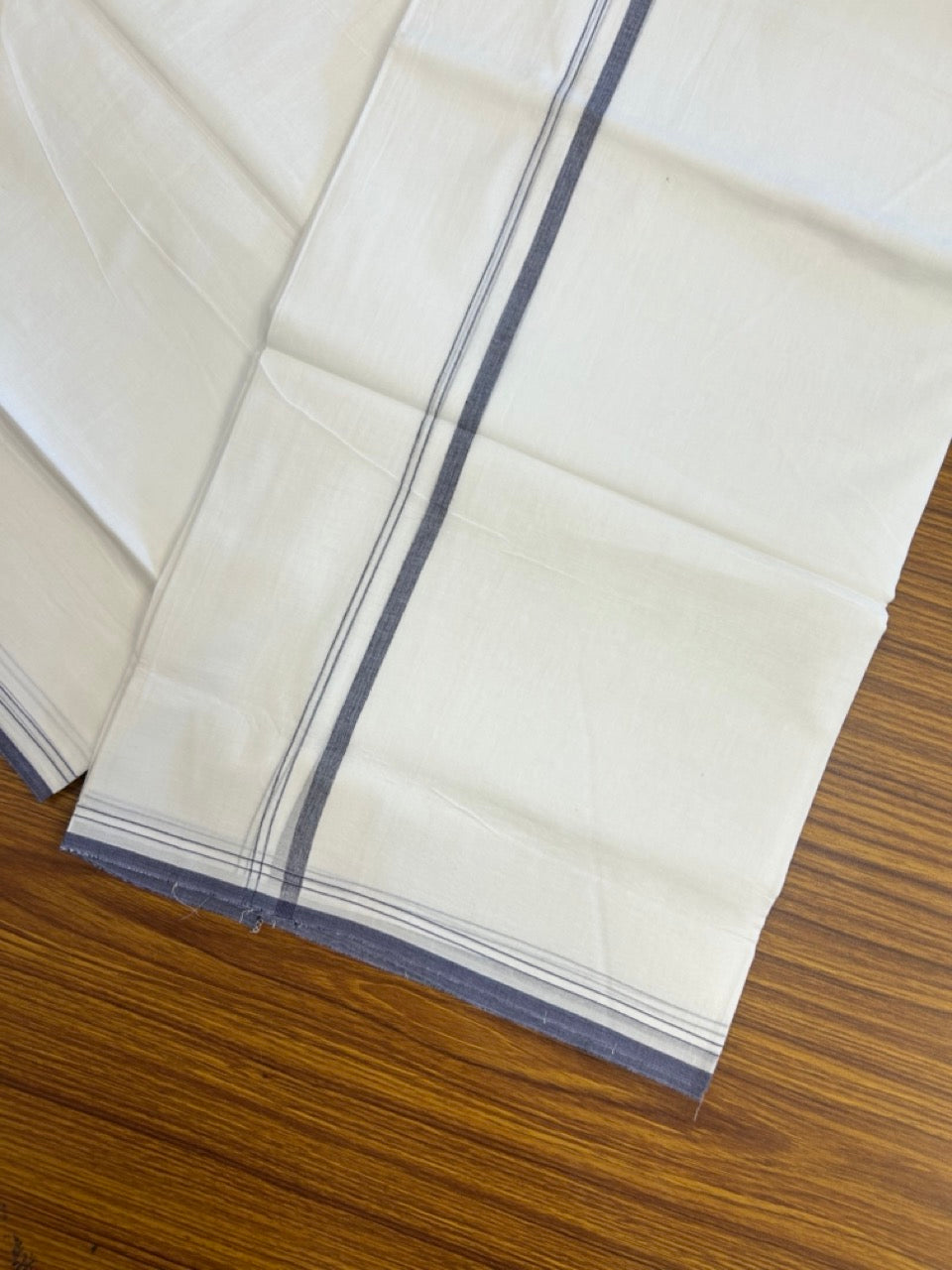 20% DISCOUNT!! NEW!! KaithariKada Balaramapuram 100% Cotton PURE WHITE Double Mundu/Dhoti - (100x80)s - 0.5 inch Dark Navy Blue Kara - 47 KK5249 VIN