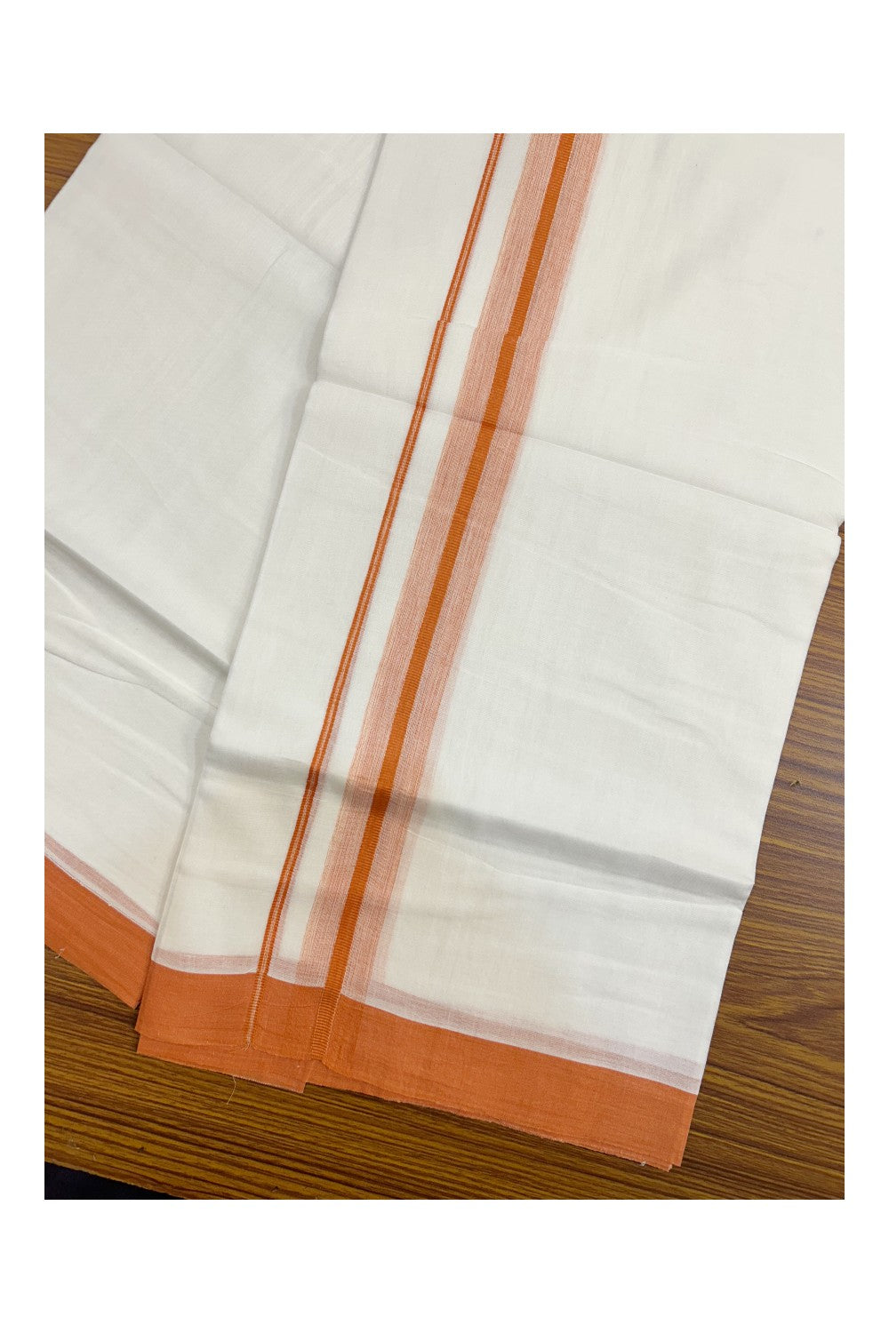 31% DISCOUNT! KaithariKada Balaramapuram 100% Cotton Double PURE white Mundu/Dhoti-100x80 - 1.25inch Orange Design Kara - 39KK5143PMC