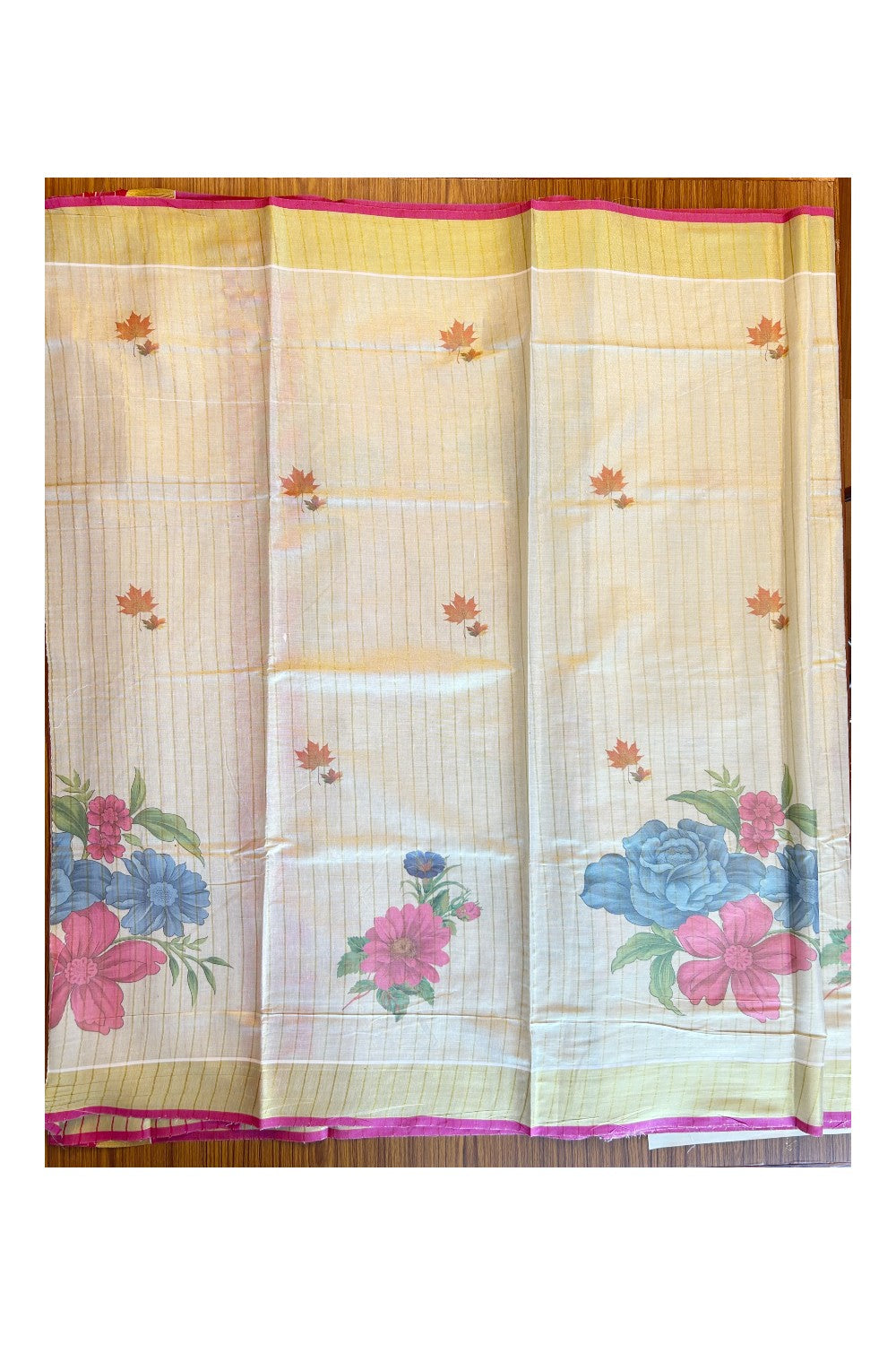 25% Discount!! Kaitharikada Kerala Cotton 24 inch Gold Magenta & Flower Pattern stripes Design Tissue Kasavu Saree - 39KK303VIN