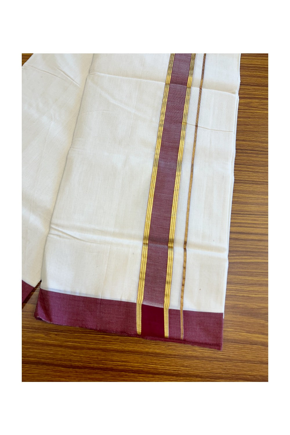 30% Discount KaithariKada HANDLOOM Unakkupaavu Balaramapuram - 100% PURE Cotton Off White (Unbleached) Double Mundu/Dhoti - 2.25 inch Kasavu & Vine Red-206