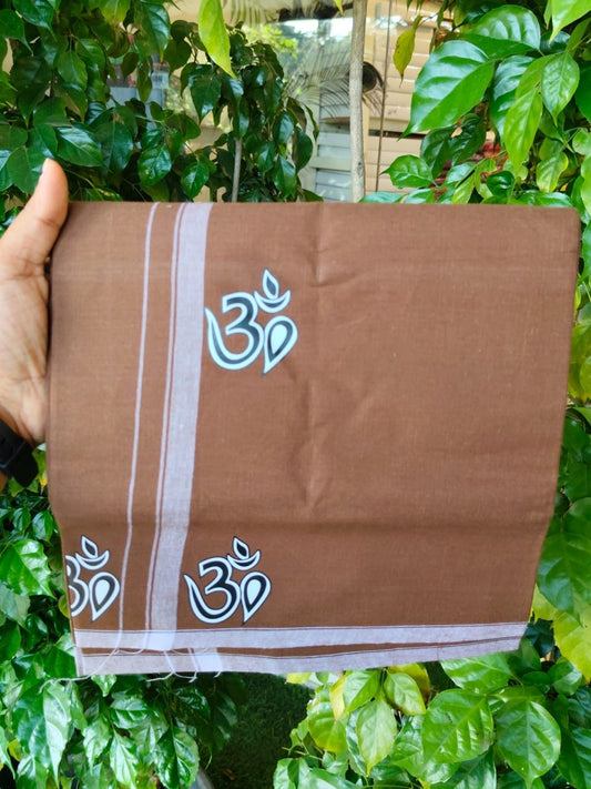 9% Discount ! Kaitharikada Pure Cotton - Single Kaily / Lungi -(40s)- 0.5 inch White Striped Ohm Printed Design kara with Brown colour body  (2 meter / 4 muzham) - 56 KK8028 GAN
