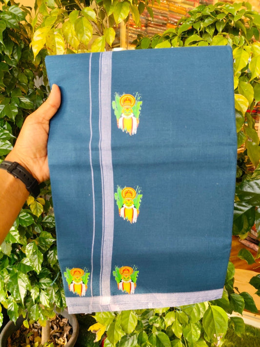 9% Discount !! Kaitharikada Pure Cotton - Single Kaily / Lungi - (40s) - 0.5 inch Kadhakali Printed Design kara with Dark Blue colour body (2 meter / 4 muzham) - 24 KK8028 GAN