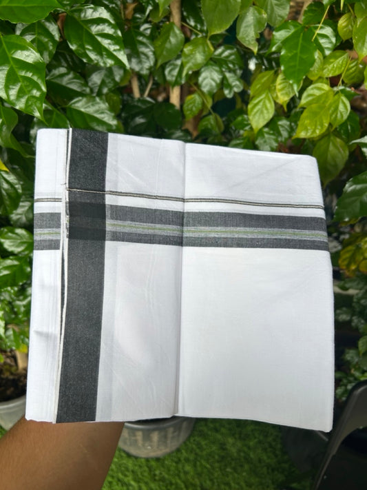 24 % Discount !! KaithariKada Balaramapuram 100% Cotton Pure white Single Mundu/Dhoti - Twisted 60s Thread- 1.25 inch Silver Kasavu Black & Green Shaded Kara (2 meter / 4 muzham) - 4KK5241 GL
