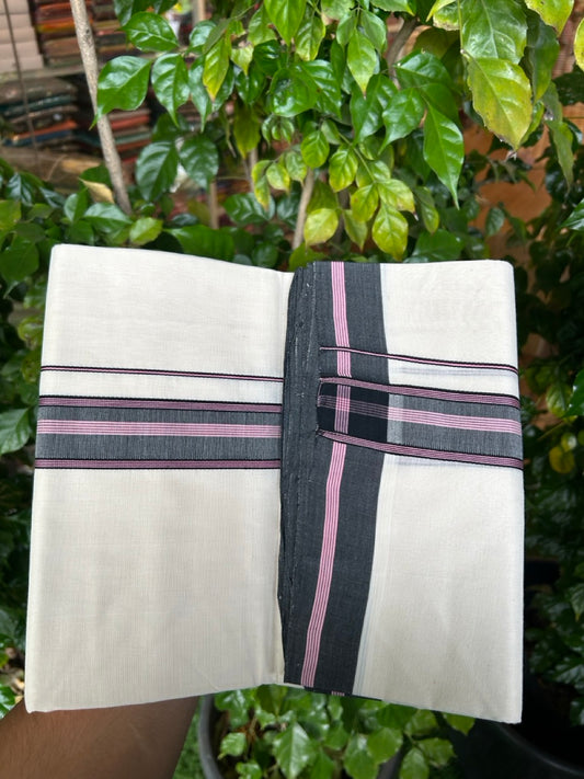 25% DISCOUNT!! KaithariKada HANDLOOM  UNAKKUPAAV Balaramapuram - 100% PURE Cotton OFF White - (Unbleached) Double Mundu/Dothi - 100 x 80 - 1.5 inch Pink Black Black Strip Kara 3.85 meter - 4 KK5249 REA