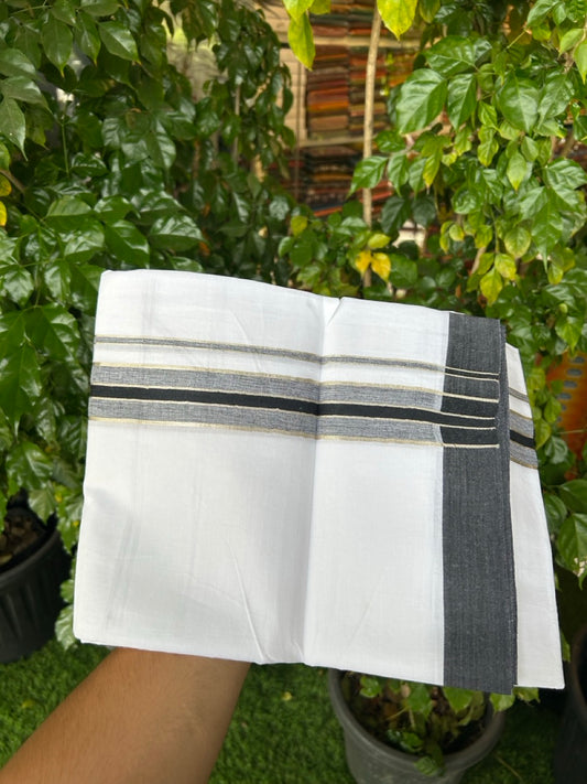 Short Dhoti Special - 28% Discount ! KaithariKada 100% Cotton Pure White Double Mundu / Dhoti - 100x80 - 45 inch Height 3.80 m Length  1.5 inch Black Silver Kasav kara - 4 KK5258 THI