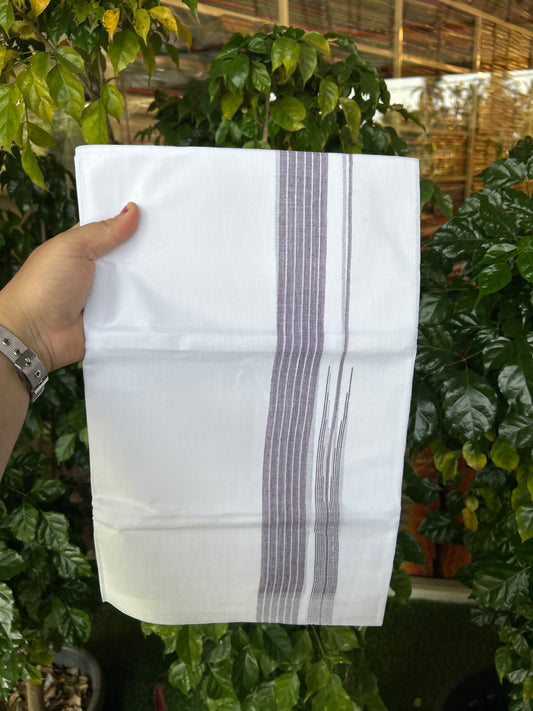 24% Discount! KaithariKada Balaramapuram 100% Cotton Pure white Double Mundu/Dhoti - (100x80)s - 1.5 inch Puliyilakkara Dark  Violet Stripes Chutty - 104 KK5258 THI