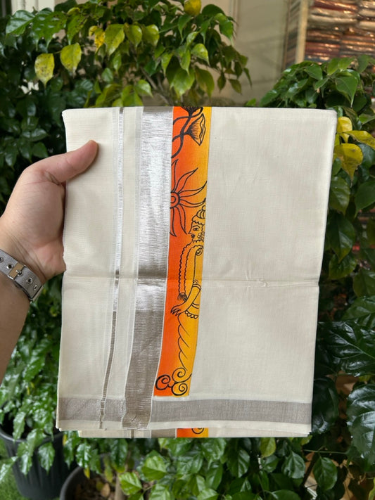 24% Discount! Hand Painted - KaithariKada 100% Cotton Double Off white - (Ubleached) Mundu / Dhoti - 100x80 1 inch Silver Kasavu & Hand Painted Radha Flower - 4 KK5259 CKS