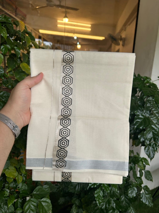KaithariKada 100% Cotton Double 4 meter Off white - (Ubleached) Mundu / Dhoti - 100x80 1 inch Silver Kasavu & Black Printed Tribal - 4 KK5262 MUT