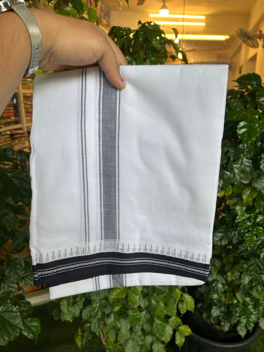 Premium Kathar Type Mercerised Pure Cotton Single Mund Kaitharikada Special - Kaily / Lungi -  1.25 inch Black Striped kara White Body Kuppadam Border (2 meter / 4 muzham) - 4 KK8031 MUT