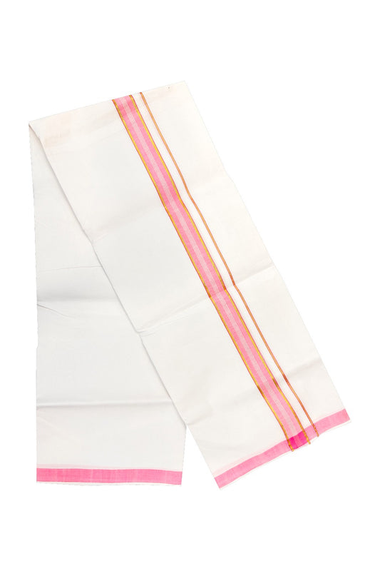 30% OFFER! KaithariKada 100% Cotton Balaramapuram HANDLOOM Single  PURE WHITE Mundu/Dhoti - 1.75 inch (2 meter / 4 muzham) Pink Kasavu Kara & Stripes - 4KAI.