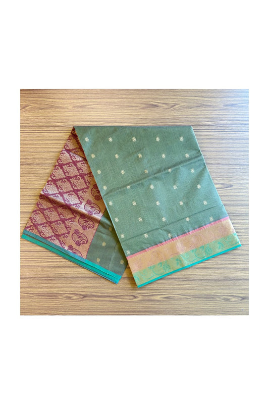 KaithariKada- Balaramapuram Saree - 100% PURE Cotton Silk - Olive Green & Maroon Design -4KK1005PAN.