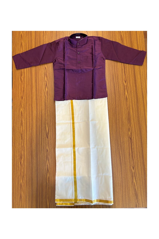 10% DISCOUNT !!! Yuvaraj - Traditional South Indian Kids Silk kurta & Mund - Dark purple kurta Off white Kasavu Mund Age 6 - 4KK112YUV6