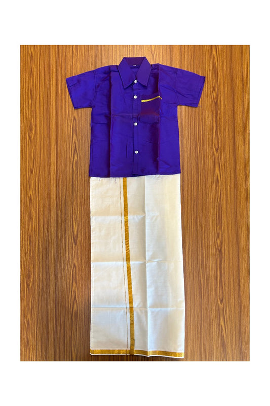 10% DISCOUNT !!! Kaitharikada-Traditional South Indian Kids Silk Shirt & Mund -  Royal purple Shirt Off white Kasavu Mund Age 6- 4KK113YUV6