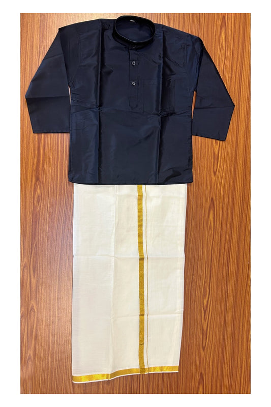 10% DISCOUNT !!! Kaitharikada -Traditional South Indian Kids Silk kurta & Mund - Dark Navy blue kurta Off white Kasavu Mund Age 7- 4KK116YUV7
