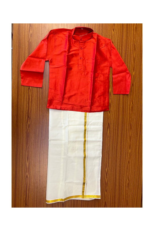 10% DISCOUNT !!! Kaitharikada -Traditional South Indian Kids Silk kurta & Mund - Brick red kurta Off white Kasavu Mund Age 9 - 4KK118YUV9