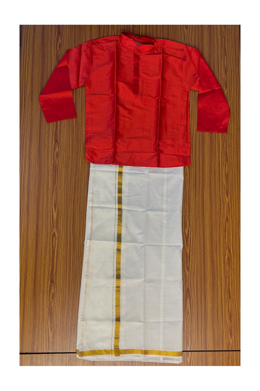 10% DISCOUNT !!! Kaitharikada - Traditional South Indian Kids Silk kurta & Mund - Brick Red kurta Off white Kasavu Mund Age 10 - 4KK119YUV10