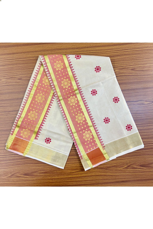 25% Discount! Kaitharikada Kerala Saree - Kasavu Tissue -  Kasavu Zari & Floral Prints in Red & Gold- 4KK300VIN