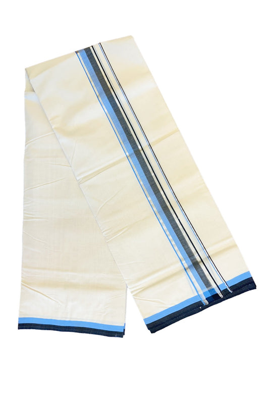 25% DISCOUNT!! KaithariKada HANDLOOM Unakkupaavu Balaramapuram - 100% PURE Cotton OFF White (Unbleached) Double Mundu/Dothi - 2.25 inch Silver Kasavu Light Blue & black kara - 4KK410RAM