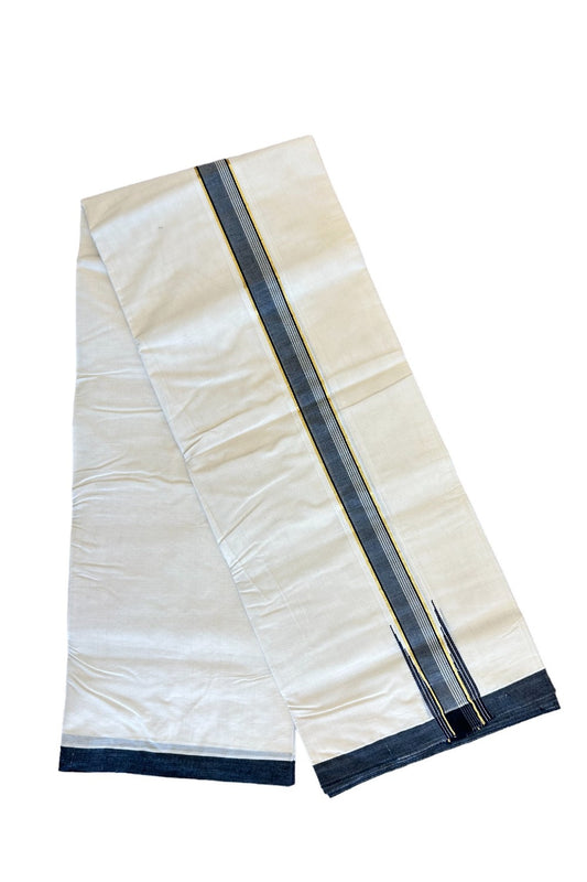 20% DISCOUNT ! KaithariKada 100% Cotton OFF WHITE (Unbleached) Double Dhoti/Mundu- Puliyilakkara Black & Kasavu Wings Chutty - 4KK417ASH