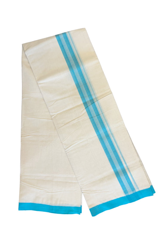 30% DISCOUNT!! KaithariKada HANDLOOM Millpaav Balaramapuram - 100% PURE Cotton OFF White (Unbleached) Double Mundu/Dothi - 2 inch SKY BLUE &  White striped kara 3.70 meters (8 Muzham) - 4KK453RAM