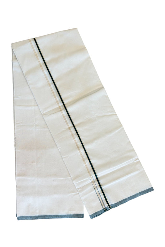30% Discount!! SIGNATURE KAITHARIKADA EXCLUSIVE SINGLE DHOTI - 100% Cotton Balaramapuram HANDLOOM Single Mundu/Dhoti - Off White - (Unbleached) 0.25 inch GREEN & KASAVU Chutty Kara (2 meter / 4 muzham) - 4KK467KAI