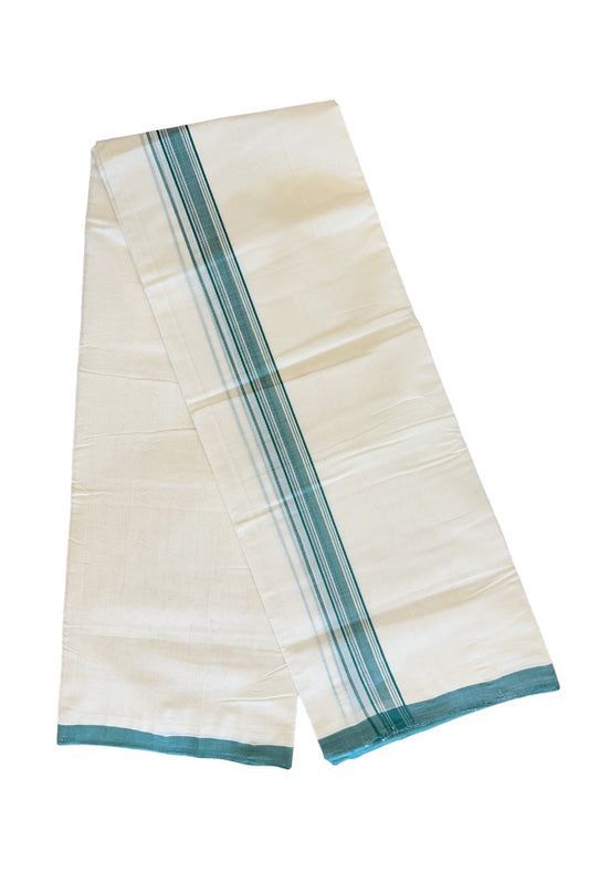 25% DISCOUNT! KaithariKada BALARAMAPURAM HANDLOOM Millpaav - 100% PURE Cotton 100x100 Double Mundu/Dhoti OFF WHITE  - (Unbleached) - Teal Green & white Stripes Kara 3.70 m (8 Muzham) - 4KK469VEL