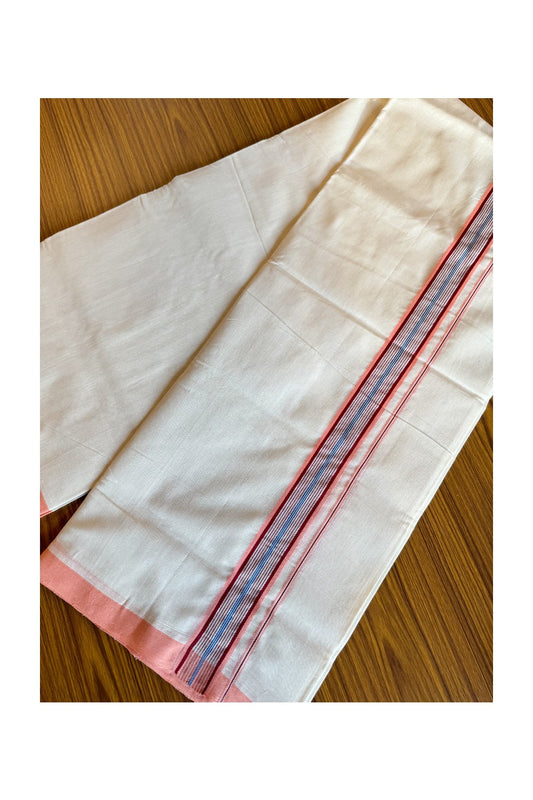 30% DISCOUNT!! KaithariKada HANDLOOM UNAKKUPAAV Balaramapuram - 100% PURE Cotton OFF White Double Mundu/Dothi - 2 inch Pink Blue Mixed Stripes Mulloth Kara 4.5 Meters (10 Muzham) - 4KK494SOM