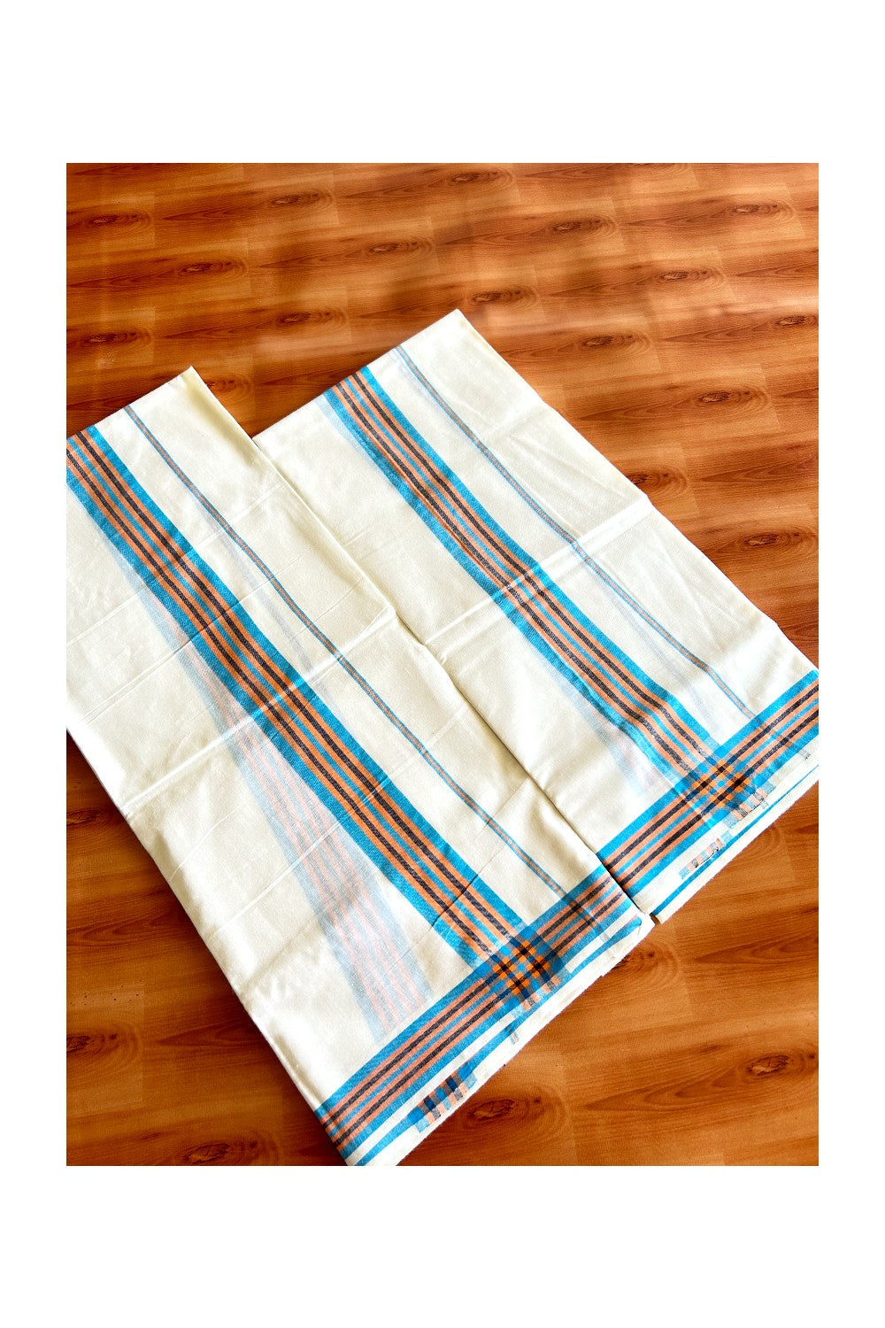 16% Discount!! KaithariKada - Kerala Cotton SINGLE SET MUND FOR WOMEN Blue, Orange & Black Striped Mulloth Kara- 4KK494VIN