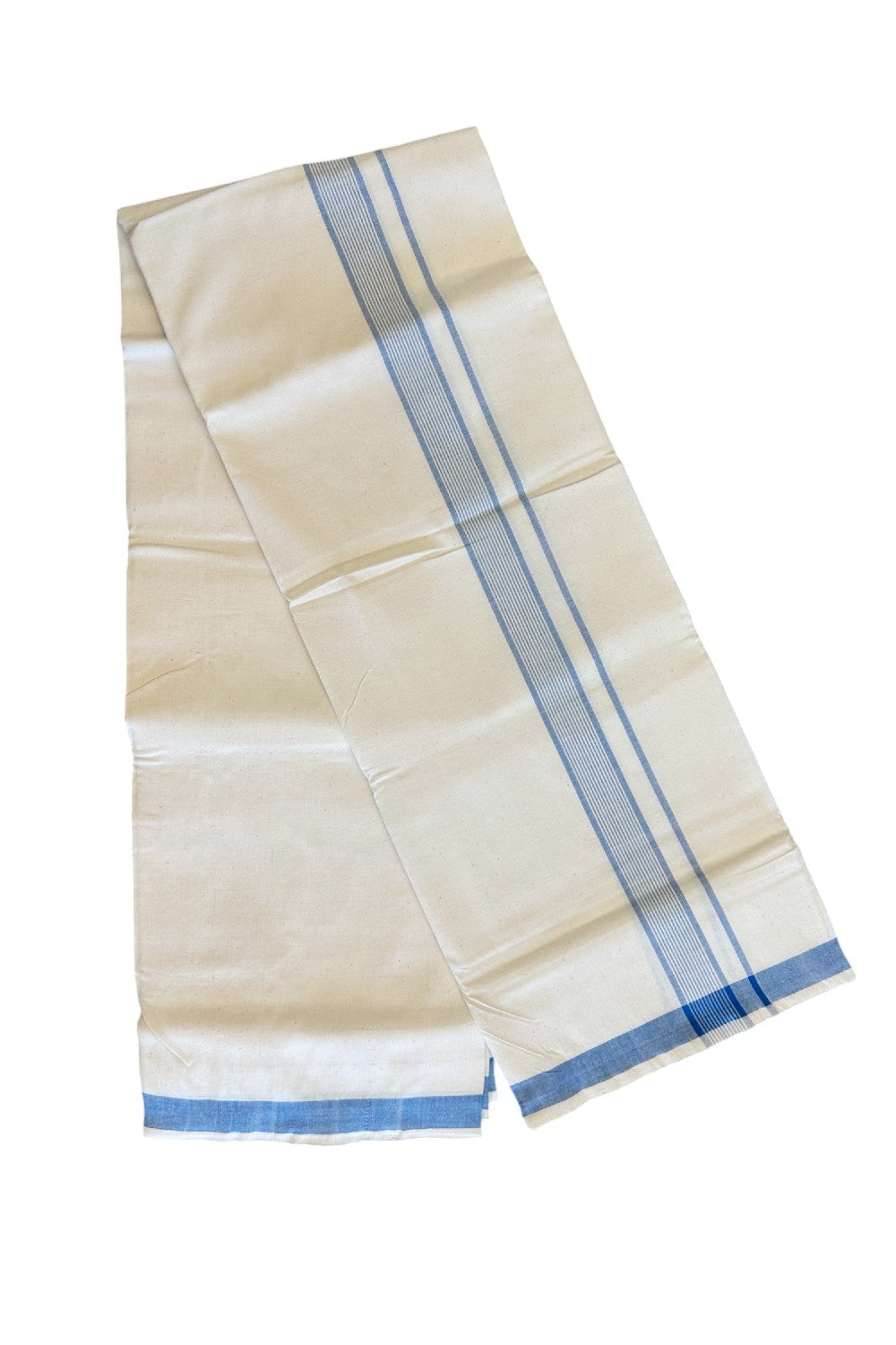 30% Discount KaithariKada 100% Cotton Balaramapuram HANDLOOM Single Mundu/Dhoti - Off White- (Unbleached) 2 inch Blue Stripes Kara (2 meter / 4 muzham)  - 4KK499KK