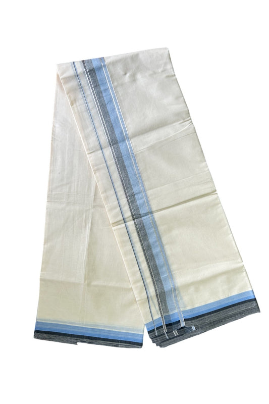 KaithariKada Balaramapuram 100% Cotton off white - (Unbleached) Double Mundu/Dhoti - 100X100 Shaded Blue Black & Silver Striped kara - 4KK5003PMC