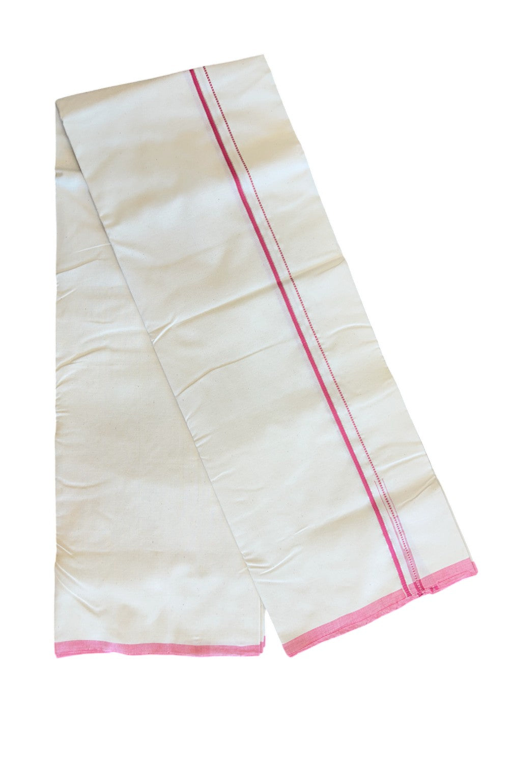 SIGNATURE KAITHARIKADA EXCLUSIVE SINGLE DHOTI - 100% Cotton Balaramapuram HANDLOOM Single Mundu/Dhoti - Off White - (Unbleached) 0.25 Inch Muthukuri Pink & Silver KASAVU Chutty Kara (2 meter / 4 muzham)  - 4KK5010KAI