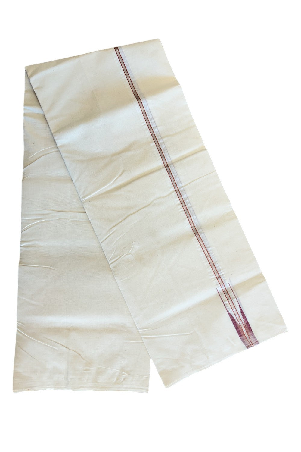 30% DISCOUNT!! KaithariKada HANDLOOM Millpaav Balaramapuram - 100% PURE Cotton OFF White Double - (Unbleached) Mundu/Dothi - 1 inch Puliyilakkara silver Kasavu Orange & Maroon chutty Kara - 4KK5011RAM