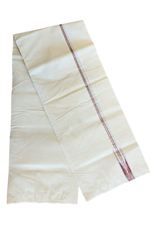 30% DISCOUNT!! KaithariKada HANDLOOM Millpaav Balaramapuram - 100% PURE Cotton OFF White Double - (Unbleached) Mundu/Dothi - 1 inch Puliyilakkara silver Kasavu Orange & Maroon chutty Kara - 4KK5011RAM