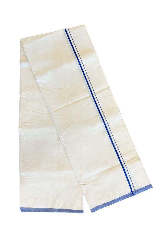 30% Discount!! SIGNATURE KAITHARIKADA EXCLUSIVE SINGLE DHOTI - 100% Cotton Balaramapuram HANDLOOM Single Mundu/Dhoti - Off White - (Unbleached) 0.5inch Blue Kara (2 metre / 4 muzham)- 4KK5021KAI