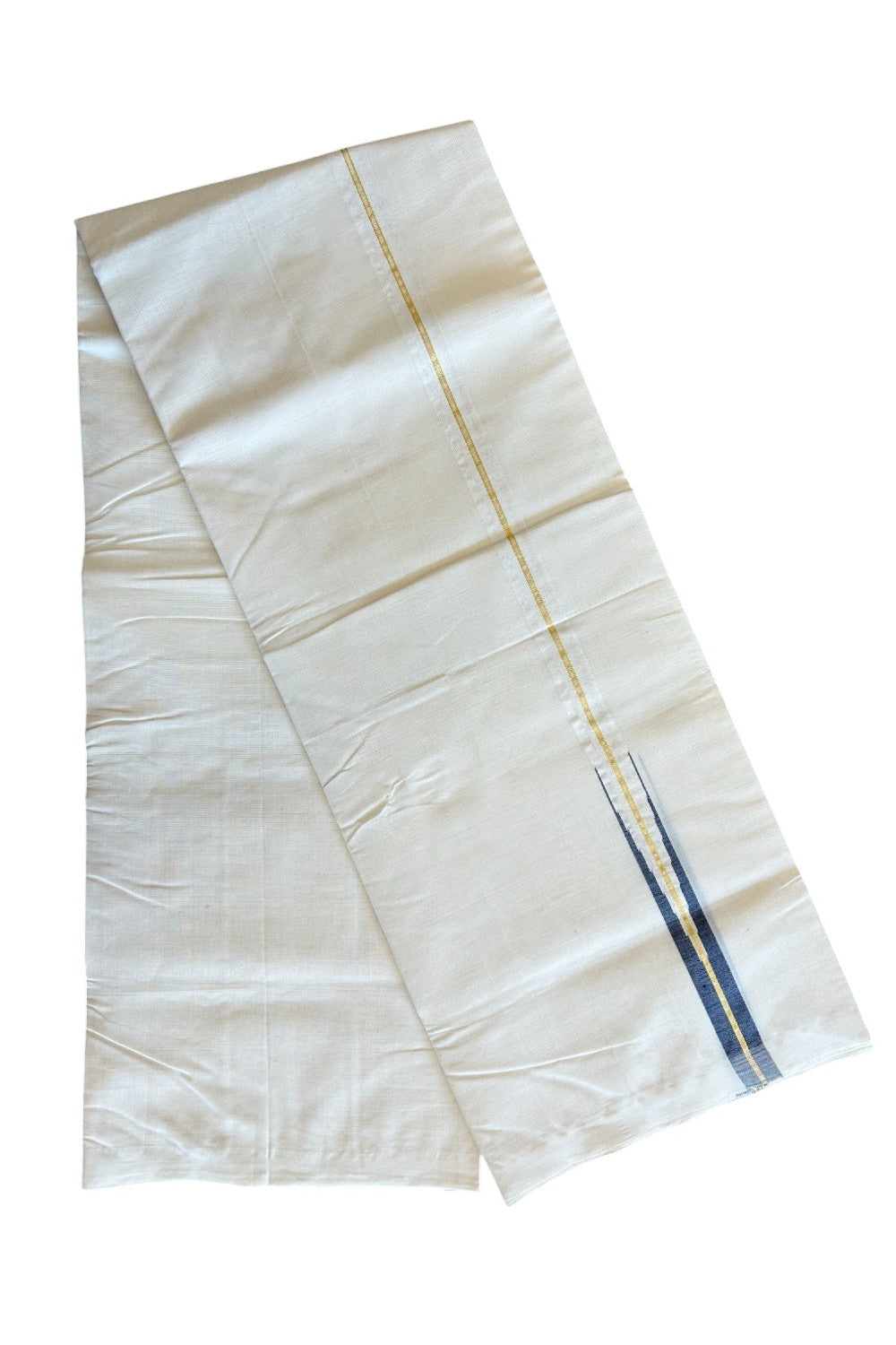 30% DISCOUNT!! KaithariKada HANDLOOM Millpaav Balaramapuram - 100% PURE Cotton OFF White Double - (Unbleached) Mundu/Dothi - 1 inch puliyilakkara Kasavu Navy Blue chutty - 4KK5029RAM