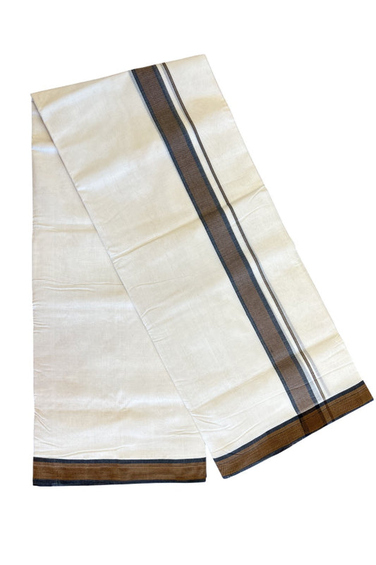 30% DISCOUNT!! KaithariKada HANDLOOM UNAKKUPAAV Balaramapuram - 100% PURE Cotton OFF White Double - (Unbleached) Mundu/Dothi - 2 inch Brown & Black Stripes Kara 4.5 Meters (10 Muzham) - 4KK5041SOM
